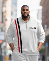 Big & Tall Men's Black And Red Contrast Striped Printed POLO Collar Zipper Long Sleeve Pants Two-piece Set